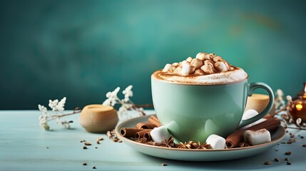  a cup of hot chocolate with marshmallows on a saucer.  generative ai