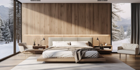 Interior of modern bedroom with wooden walls, wooden floor, comfortable king size bed and panoramic window. 3d render