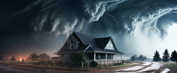 Storm over a house in a rural area. Panoramic image. 3d render