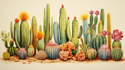  a painting of a bunch of cactus plants in a row.  generative ai