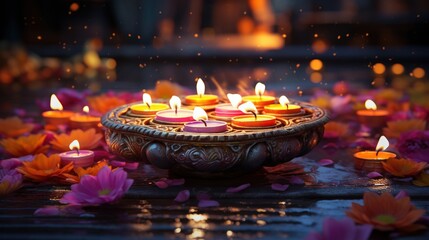  a bowl filled with lots of lit candles surrounded by flowers.  generative ai