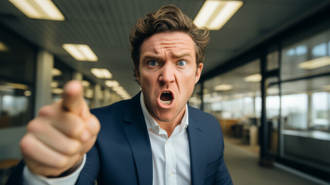 Angry businessman pointing with finger at camera