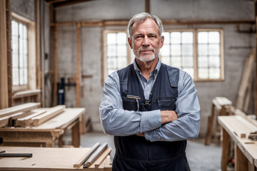 AI generated image of a senior carpenter with a smile and crossed arms, standing indoors in workshop, looking at camera.