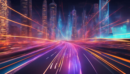 Fototapeta na wymiar Information super highway. Neon streaming lights. Speed an motion on the road. Futuristic cityscape skyline