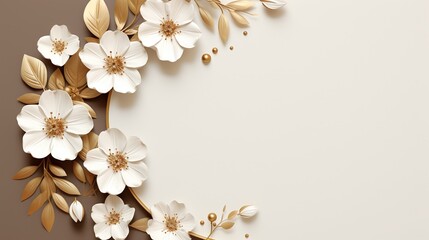  a white flower with gold leaves on a beige background with a place for a text.  generative ai