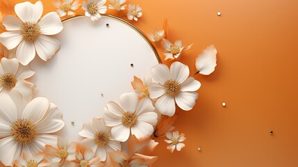  a white circle surrounded by white flowers on an orange background.  generative ai