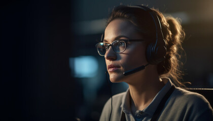 Young woman smiling, headset on, working indoors generated by AI