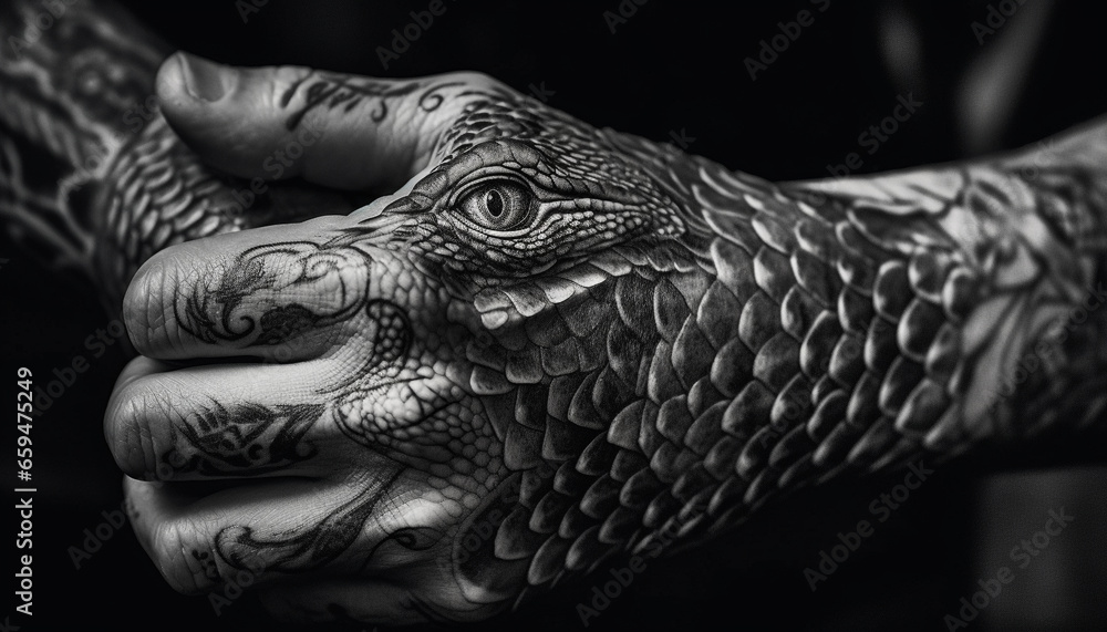 Poster furious viper monochrome scales create spooky pattern generated by ai