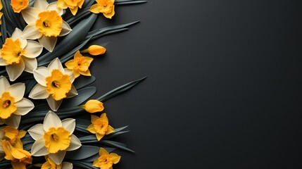  a bunch of yellow and white flowers on a black background.  generative ai