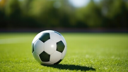 Fototapeta premium Close Up, A soccer ball placed on a green field in a soccer stadium.
