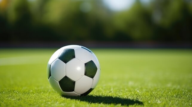 Close Up, A soccer ball placed on a green field in a soccer stadium.