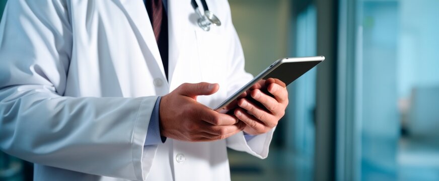 medical doctor at a hospital desk holding a tablet, banner with copy space for text