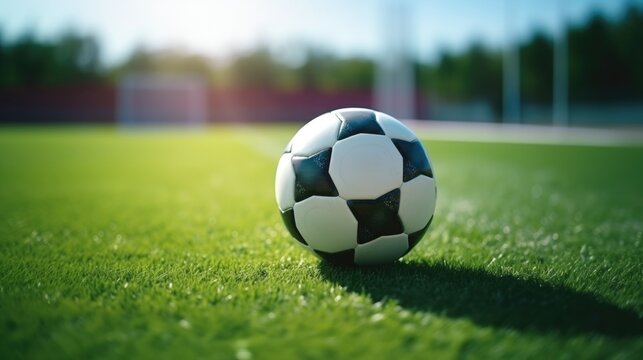 Close Up, A soccer ball placed on a green field in a soccer stadium.