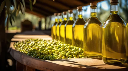 Fotobehang Bottles with fresh olive oil with green olives oil production © Natalia