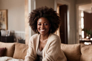 AI generated portrait of an African American woman relaxing at home, smiling, feeling optimistic and happy, enjoying leisure time. - obrazy, fototapety, plakaty