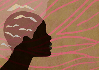 Concept wellbeing woman in nature, mindfulness, meditate. Woman lifestyle illustration