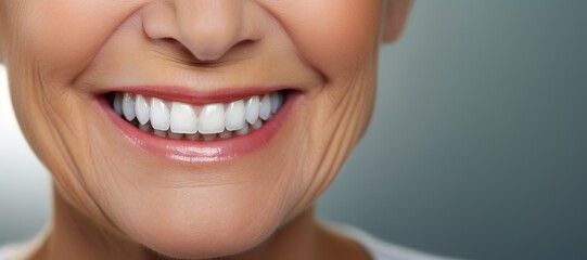 Obraz premium Generative AI, senior woman mouth or teeth smiling, hygiene or dental cleaning cosmetic service
