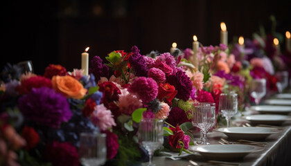 Luxury wedding reception with elegant flower arrangement generated by AI
