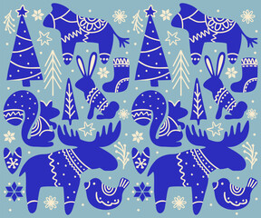 Scandinavian Christmas. Vector set of decorative elements. Animals, trees, snowflakes in scandinavian style.