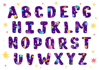 English Alphabet horizontal poster. Space theme letters - planets, stars, galaxy, rocket, astronaut, alien, comet, asteroid, meteor. Isolated on white. landscape orintation. Abs set collection