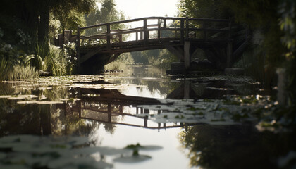 Tranquil scene of reflection in nature beauty, man made bridge crosses pond generated by AI