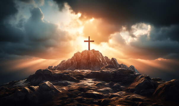 Sacred Horizon: Holy Cross and Illuminated Clouds Over Golgotha Hill