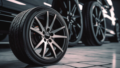 Shiny alloy wheels on a modern sports car reflect elegance and performance generated by AI