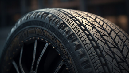 Shiny alloy wheel, wet rubber tire, patterned traction device, driving transportation generated by AI