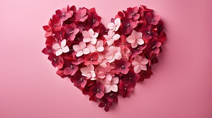  a heart shaped arrangement of flowers on a pink background with space for text.  generative ai