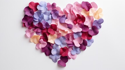  a heart shaped arrangement of multicolored paper flowers on a white background.  generative ai
