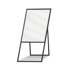 Blank advertising sign holder stand realistic vector mockup. Floor display with black metal frame mock-up. Template for design - 659476687