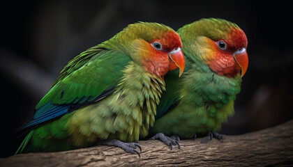 Obraz premium Vibrant macaws perched on branch in rainforest generated by AI