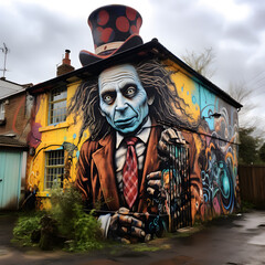 Scarry skull clown Halloween horror graffiti painting on the wall