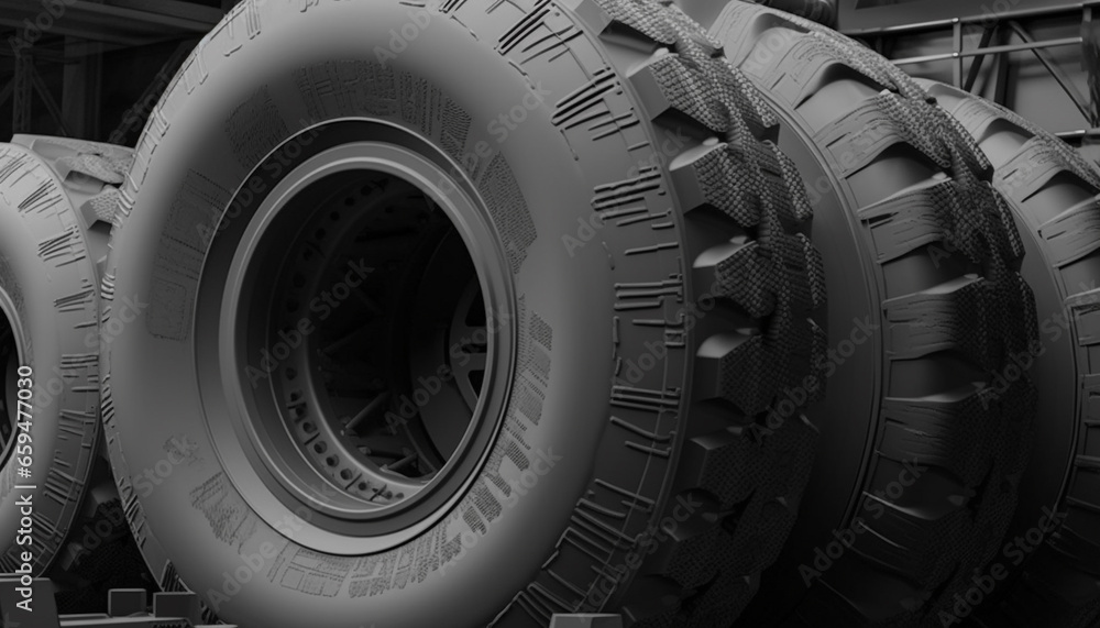 Poster shiny alloy wheels stack in a heavy curve, generating traction generated by ai