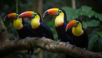 Vibrant macaws perched on branch in forest generated by AI