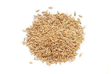 Pile of organic Barley (Hordeum Vulgare) or jau grains isolated on a white background. Top view