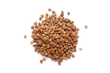 Pile of organic Black Chickpeas (Cicer arietinum) or Kala Chana isolated on a white background. Top 