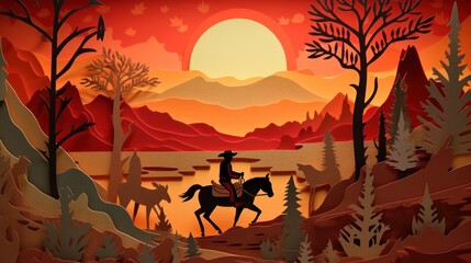 Paper cut art illustration, western background.