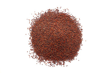 Pile of organic Ragi (Eleusine coracana) or finger millet isolated on a white background. Top view