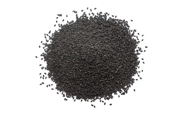Pile of organic Black Sesame (Sesamum indicum) Seeds isolated on a white background. Top view