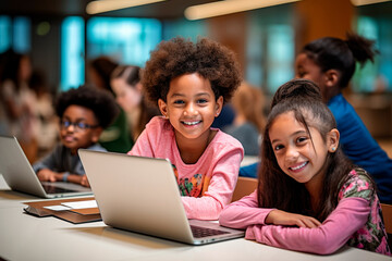 young kids participating in coding workshops and STEM activities. AI generative.