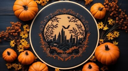 Halloween background with pumpkins, bats and autumn leaves.