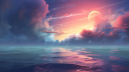 irregular clouds and sea breeze with waves reflecting the light from the beautiful colored sky 3d generative ai