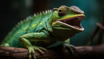 Green lizard on branch, close up portrait generated by AI