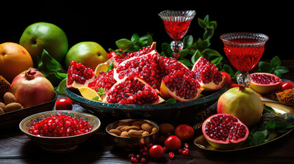 Yalda night treatment on the table pomegranate and fruits