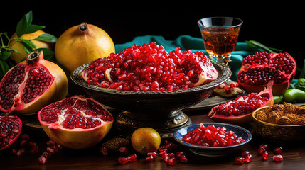 Yalda night treatment on the table pomegranate and fruits - obrazy, fototapety, plakaty