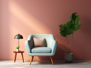 Illustration of front view of Scandanavian single seater sofa, isolated on solid and cheerful background. There are some other interior decorations also included.