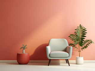 Illustration of front view of Scandanavian single seater sofa, isolated on solid and cheerful background. There are some other interior decorations also included.