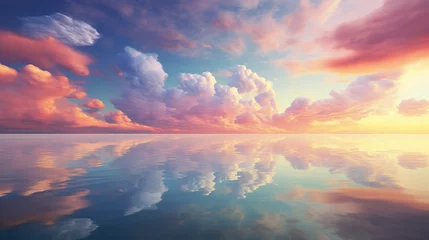 Foto op Plexiglas Reflectie irregular clouds and sea breeze with waves reflecting the light from the beautiful colored sky 3d generative ai