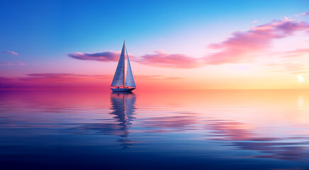Fototapeta premium Sailboat in the sea in the morning light with distant cotton candy clouds in background, summer adventure